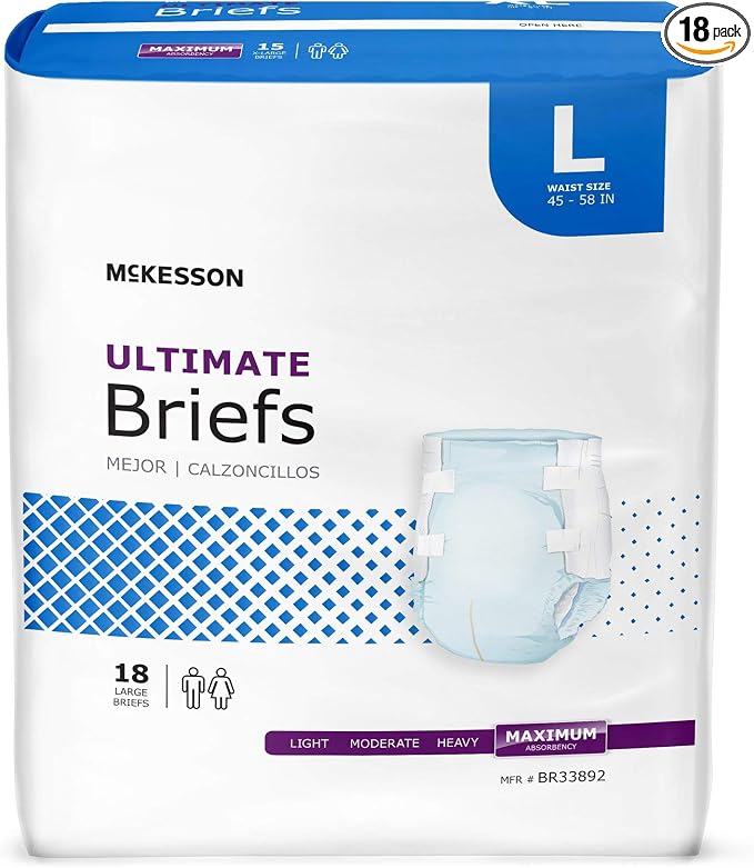 McKesson Ultimate Briefs, [18 Count], Size L, 45-58 in. Incontinence Adult Diapers with Tabs, Maximum Absorbency, Unisex, Disposable, Elastic Leg Gathers and Contoured Fit for Men and Women
