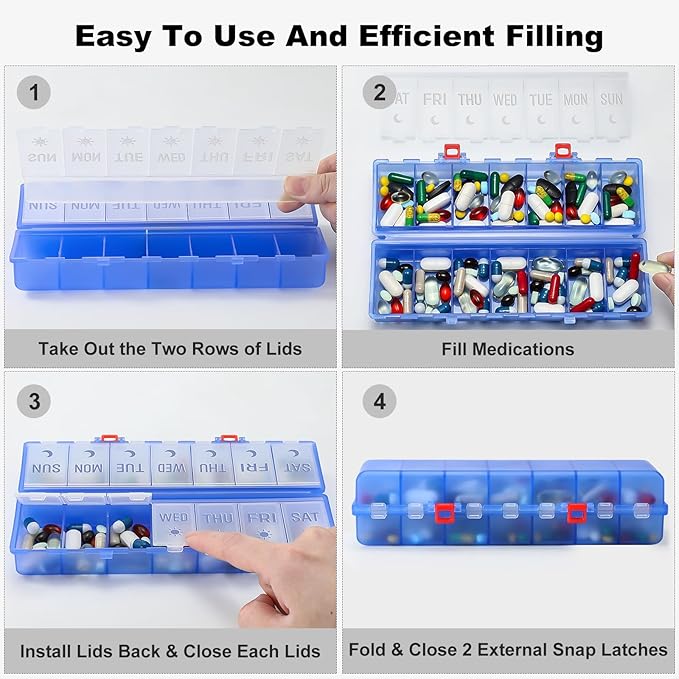 Foldable Pill Organizer 2 Times a Day w/Etched Labels -Dual Protection & Portable Weekly AM PM Pill Box, 7 Day Medicine Container, Large Travel Pill Case for Week Daily Supplement Vitamin -Clear Blue