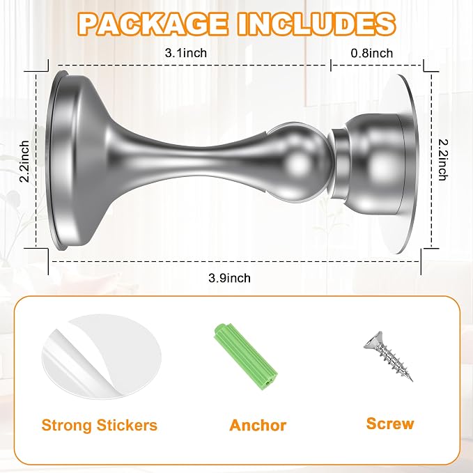 Crosize Magnetic Door Stoppers 4 Pack, Stainless Steel Door Stops for Wall and Floor Mounting, Door Holder Keep Door Open, No Drilling Door Stop with Adhesive Tapes, Silver
