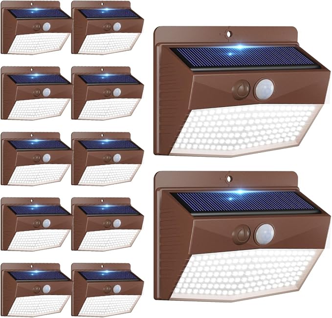 12 Pack Solar Motion Sensor Lights Outdoor Waterproof with 3 Modes | Cool White, Brown Frame, LED, Solar Powered, Security Lighting for Outside Wall Garden Fence Yard Deck Patio Garage
