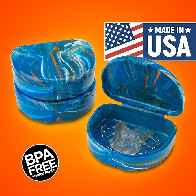 Practicon Marble Retainer Cases, Orthodontic Aligner Case, Mouth Guard Holder (3 Pack) (Blue Orange)