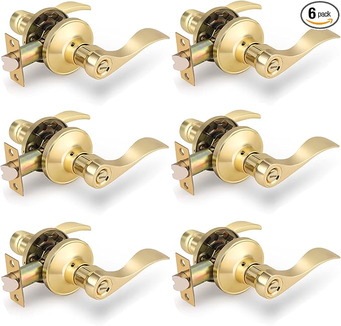 Gobrico Drop-Style Bedroom Bathroom Door Locksets Privacy Levers in Polished Brass,Interior Door Locks,6Pack