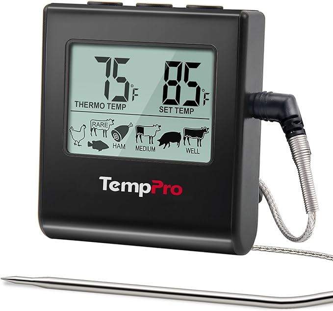TempPro TempTrack Large LCD Digital Meat Thermometer for Cooking, Smoking | Kitchen Food Probe Thermometer With Clock Timer, Stainless Steel Temperature Probe for Oven Smoker BBQ Grill Candy, Black
