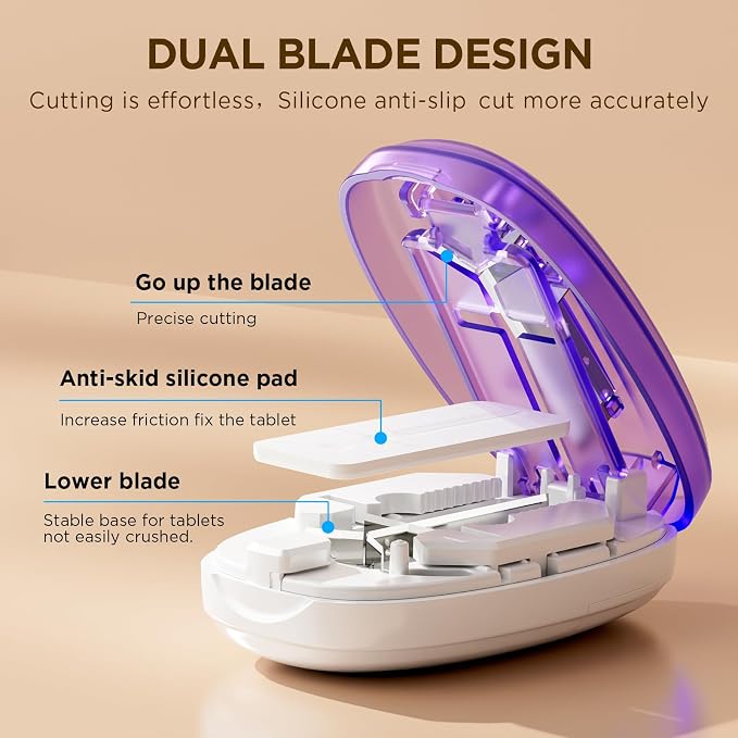 Pill Cutter Splitter for Small and Tiny Pills, 1/2 1/4 Pill Splitter for Small Pills,Tablets in Half or Quarters, Accurate and Easy Cutting, Stainless Steel Blade, Back Storage (Purple)