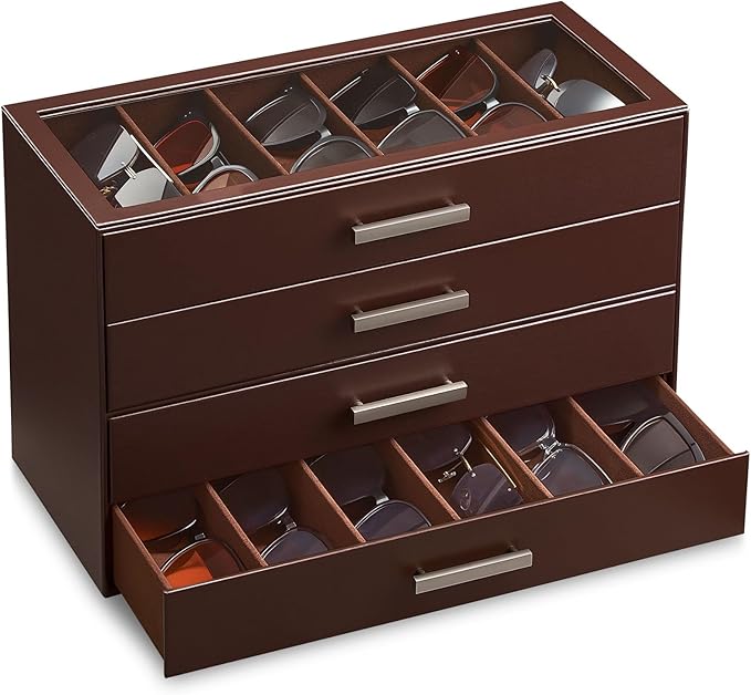ProCase Sunglasses Organizer Box with Clear Glass Lid, PU Leather Eyeglass Storage Display Case for Men and Women