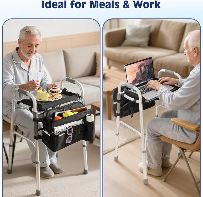 MoKo Walker Basket Bag with Tray, Upgraded Detachable Walker Tray for Folding Walkers with Non-Slip Mat, Large Storage Bag with Multi-Pockets and Cup Holder, Walkers Accessories for Senior, Black