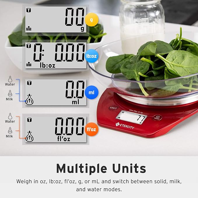 Etekcity 0.1g Food Kitchen Scale, Bowl, Digital Grams and Ounces for Weight Loss, Dieting, Baking, Cooking, and Meal Prep, 11lb/5kg, Stainless Steel Red