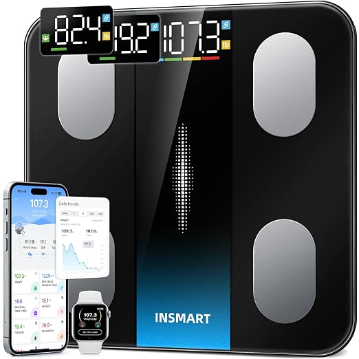 Smart Scale for Body Weight, INSMART Bluetooth Digital Bathroom Scale with BMI, Body Fat, Muscle Mass, High Accurate Large Display 16 Body Composition Weighing Machine Sync with App, 400 lbs (Black)