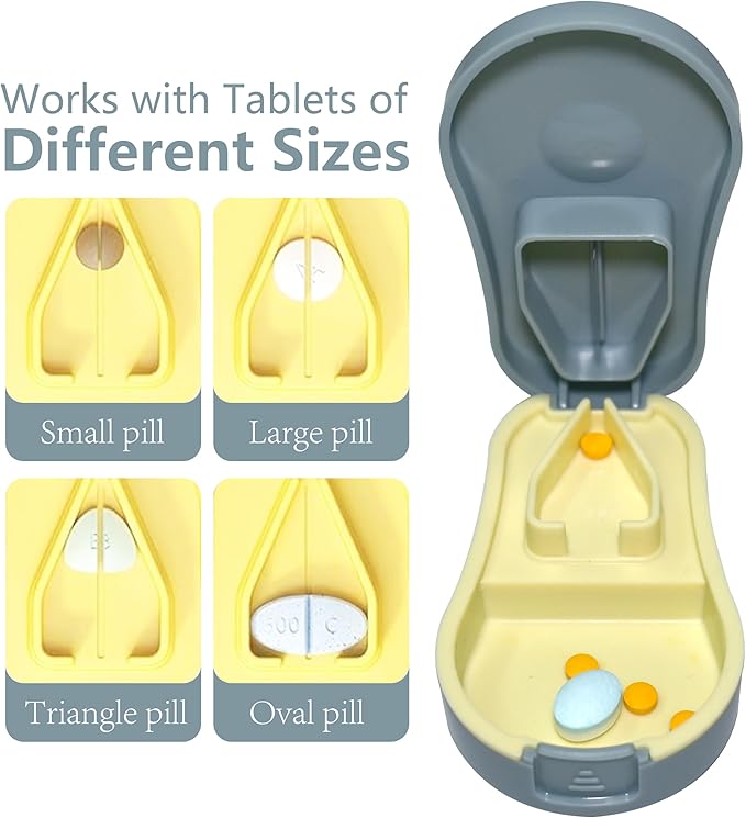 Pill Cutter Splitter for Small and Tiny Pills - Premium Silicone Precision Pill Splitter - Designed for Swallowing Difficulties & Pets. Nonslip Pad. Wrap-Around Blade Guard. Back Storage (Blue)