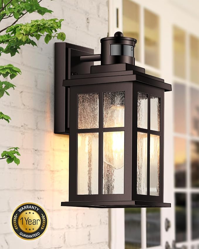 VIANIS Brown Motion Sensor Exterior Lighting Fixtures, Outdoor Garage Light | ORB, Anti-rust, Dimmable, Farmhouse Outside Porch Lights for House, Outdoor Wall Lantern for Garden, Patio, Front Door, Coach