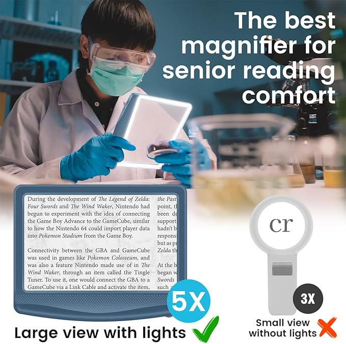Rechargeable 5X Magnifying Glass for Reading, Large Bright Full Page Magnifier with Light, Handheld LED Dimmable Lighted, Lightweight Book Magnifier for Reading Small Prints Seniors - Blue