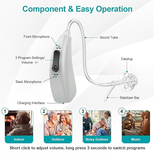 Rechargeable Hearing Aids for Seniors with Noise Reduction, BTE Hearing Aids for People with Mild Moderate Severe Hearing Loss, Dual Microphones, Comfortable Fit - Gray