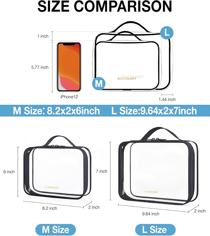 BAGSMART Clear Toiletry Bag with Handle 2-Pack TSA Approved, Black | Water-resistant Travel Toiletry Bag, Carry On Travel Accessories Bag, Airport Airline Quart Size Bags Women Men, Makeup Bag