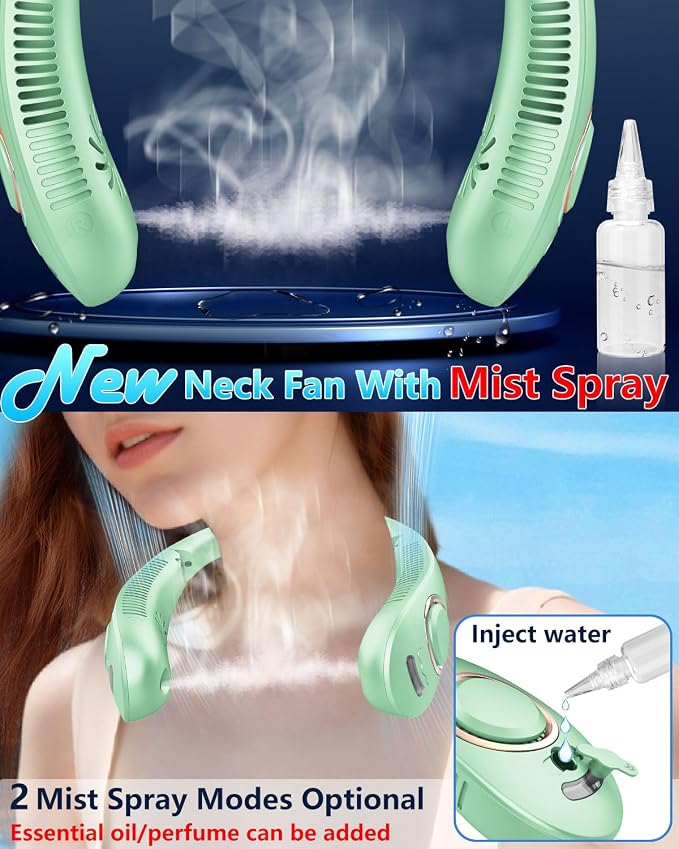 Neck Fan that Blows Cold Air with Water Mist, Portable USB Rechargeable Neck Cooler, Collapsible Ventilador de Agua de Aire Frio, Bladless Wearable Hand-Free AC Unit for Outdoor Travel Sports, Green