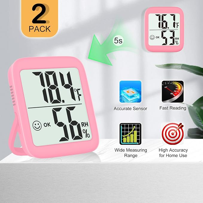 2 Pack Room Thermometer Indoor Hygrometer | Monitor Temperature & Humidity, Accurate, Fast Read, Easy To View, Magnetic/Kickstand/Hanging, ℉/℃, w/ Battery, Compact