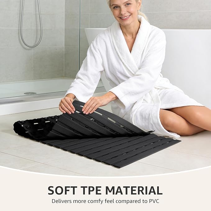 OTHWAY Non Slip Bathtub Mat, Soft TPE Black Shower Mat with Suction Cups | 36.6" x 16.9" Bath Mat for Tub Non Slip, Machine Washable Shower Floor Mat with Drain Holes