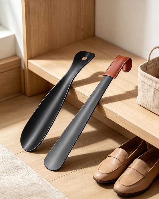Metal Shoe Horn 2 Pack for Seniors Men,Labor-Saving & No Bending，Long Boot Jack with Grip Cover+ Short Shoe Helper
