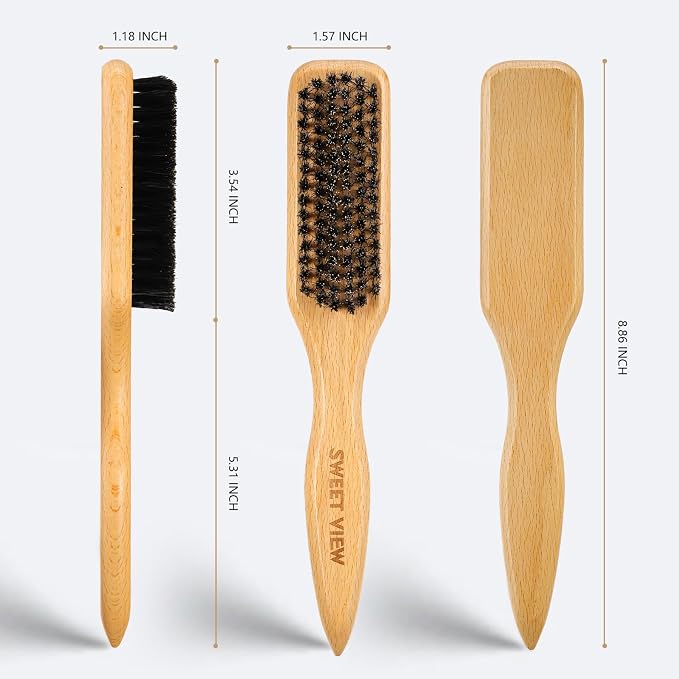 SWEET VIEW Boar Bristle Slick Back Hair Brush | Smooth Flyaways, Frizz, Sleek Ponytail, Buns and Edge Baby Hair, Gel Comb Styling Accessories for Girls, Kids and Women
