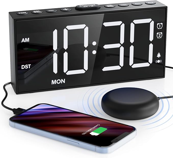 Mesqool Loud Alarm Clock with Bed Shaker & Dual Alarms, USB Port | Extra loud Vibration Alarm Designed for Heavy Sleepers & Hearing Impaired. 5-level Dimmer, Battery Backup, Snooze & DST