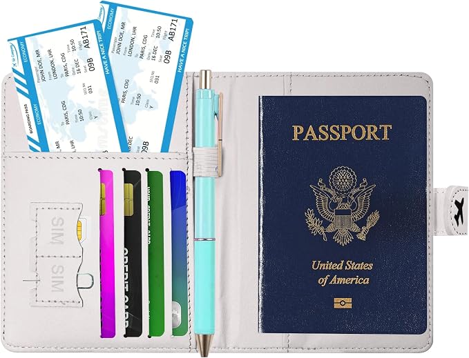 Passport Holder, Cute Travel Wallet Cover with RFID Blocking,black | PU leather travel wallet with magnetic closure, card slots, pen loop, and easy access for passports and essentials.