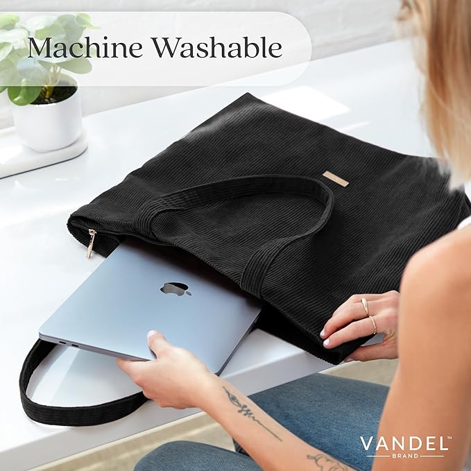 VANDEL Corduroy Tote Bag for Women and Men with Zipper and Inner Pockets. Cute School Tote Bag with Zipper, Aesthetic