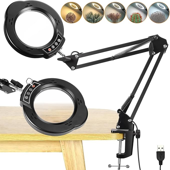15X Magnifying Glass Desk Lamp with Clamp and Base, 5 Color Modes 10 Levels Adjustable Brightness, 15X Magnifying Glass, 4.2" Reading Magnifier for Seniors Book Newspaper Reading, Crafting, Seniors