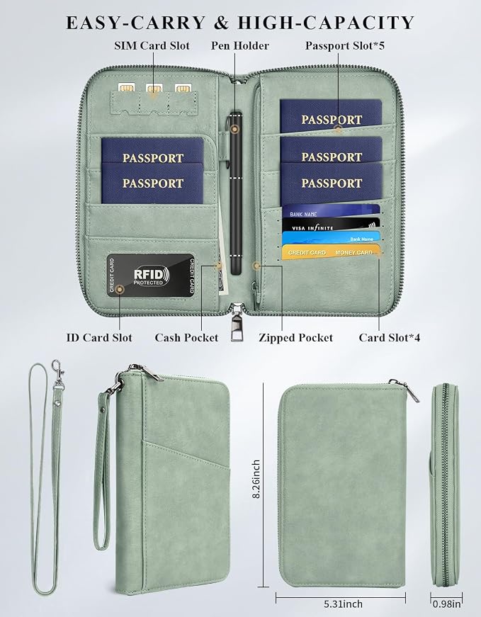 Family Passport Holder Wallet RFID Travel Document Organizer for Women Men, Portable Case Cover for Cards, Boarding Pass with Wrist & Neck Double Strap, Travel Gifts (Sage Green, 1pack)