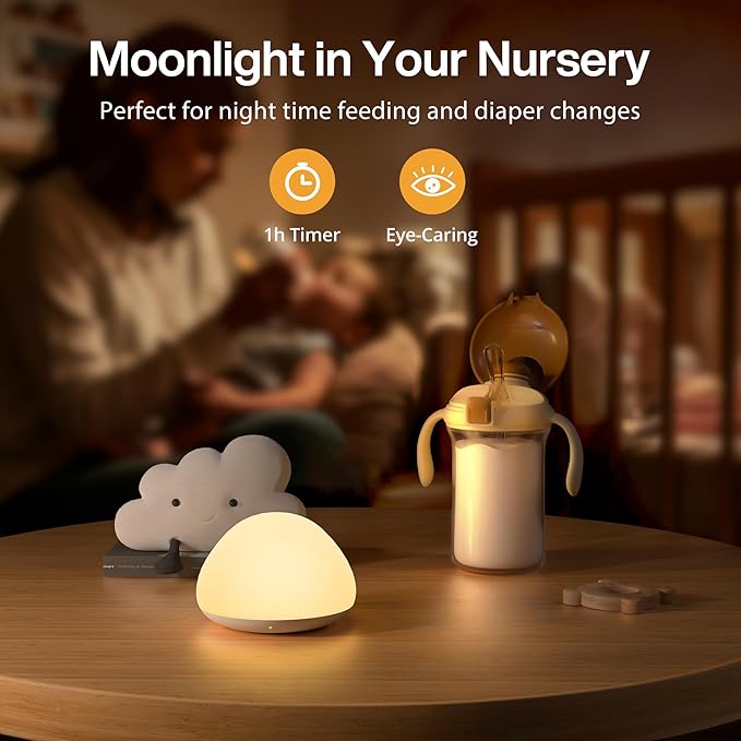 Baby Night Light for Nursery, Soft Silicone Tap Control Night Lamp with 8 Color Changing, Stepless Dimming, Rechargeable Portable Night Light for Kids, 1H-Timer, Warm Light for Breastfeeding