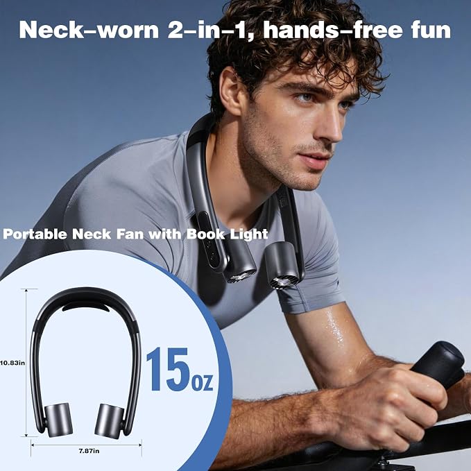 VAVOFO Portable Neck Fan with Book Light, Hands Free Wearable Cooling Fan | 6000mAh Rechargeable, 3 Speeds, 250° Adjustable, Ideal Gift for Reading, Travel, Office, Hiking, Fishing & Sports