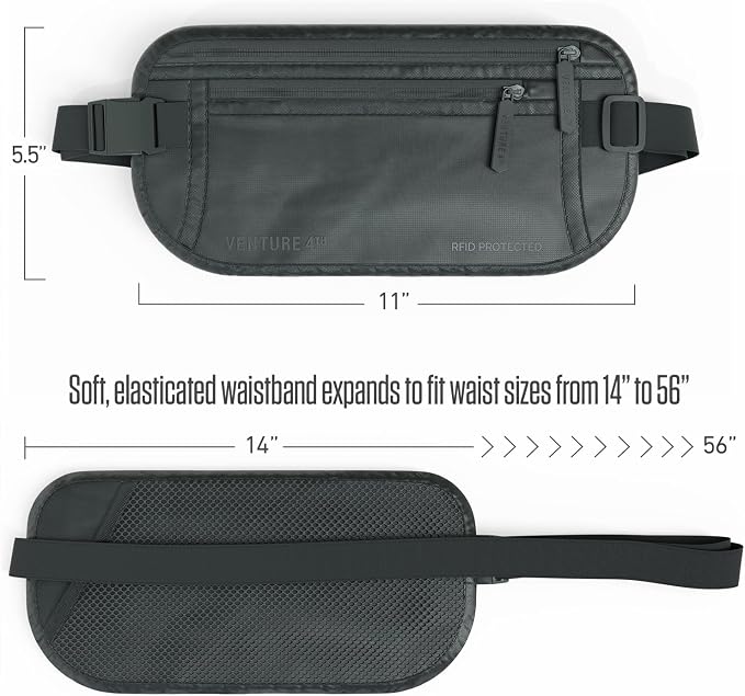 VENTURE 4TH Travel Money Belt, RFID Blocking Passport Holder - Sleek Gray