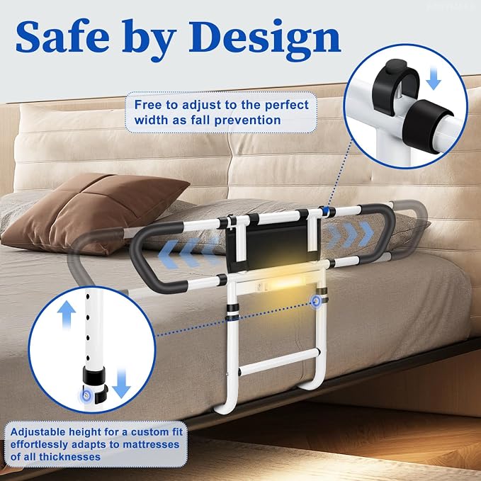 Bed Rails for Elderly Adults, Bed Handrails Grab Bar with Pouch | Fits Twin/Full/Queen/King. Heavy-duty steel, 400-lbs. Non-slip grip. Tool-free install either side. Ideal for seniors