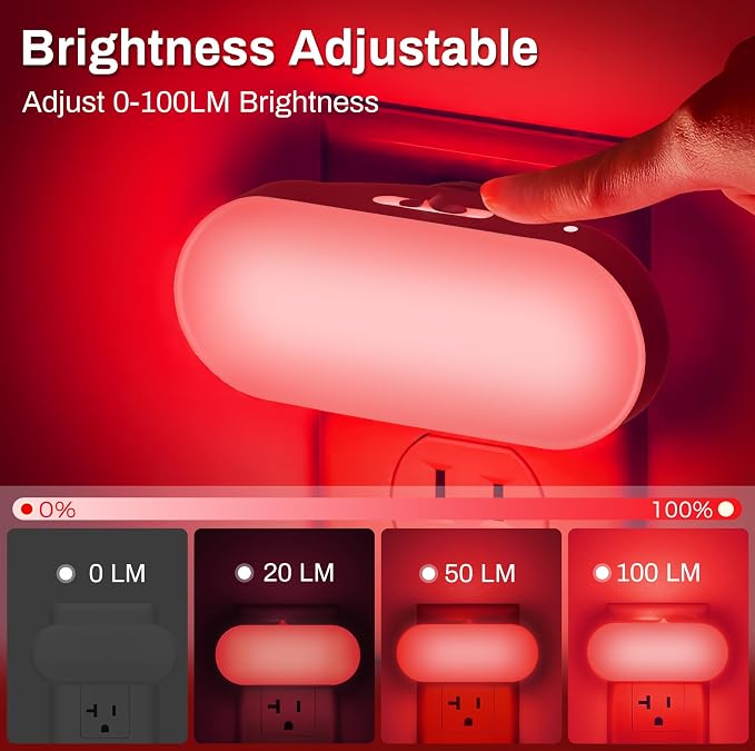 Red Night Light,Auto On/Off,0-100 LM Adjustable Brightness | Dimmable Night Light,Plug Into Wall Light Sensor Night Light,for Kids Room Bedroom Stair Lights,1W,2 Pack