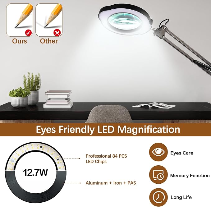 12X Magnifying Glass with Light and Clamp, 84 LEDs Real Glass Lens Magnifying Lamp for Close Work, Repair, Reading, Craft（Top Button）