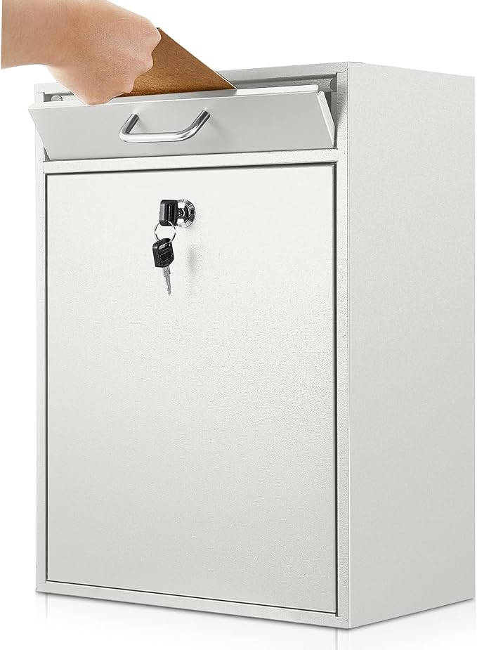 Yaocom Locking Mailbox with Key for Outdoor 18 x 15 x 7 Inches Large Wall Mount Mail Box with Lock Security Mail Drop Metal Collection Boxes Hanging Secure Postbox(Creamy White)