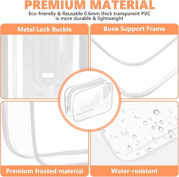 AURUZA Clear Makeup Bag,Portable Travel Toiletry Bags with Zipper, TSA Approved Clear Organizer Bags, PVC Cosmetic Pouch for Airport Airline Compliant