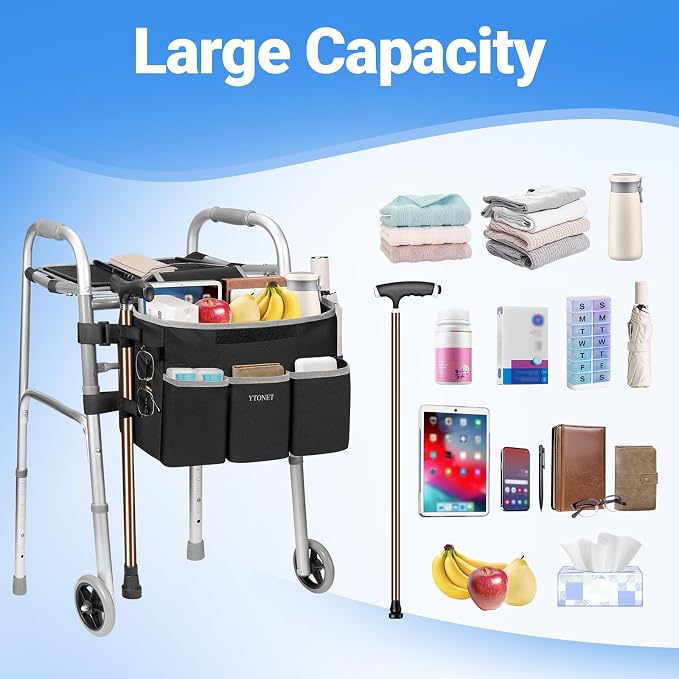 Ytonet Walker Basket with Tray, Detachable Walker Tray for Folding Walkers | Large Capacity Storage Baskets with Phone and Crutch Holder Water-Resistant Non-slip Walkers Accessories for Seniors Black
