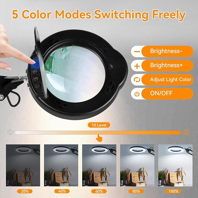 12XMagnifying Glass with Light and Stand|Magnifying Lamp with 3-Section Swing Arm,5 Color Modes LED Lighted Magnifier Lamp for Workbench (Black(Ultra Long))