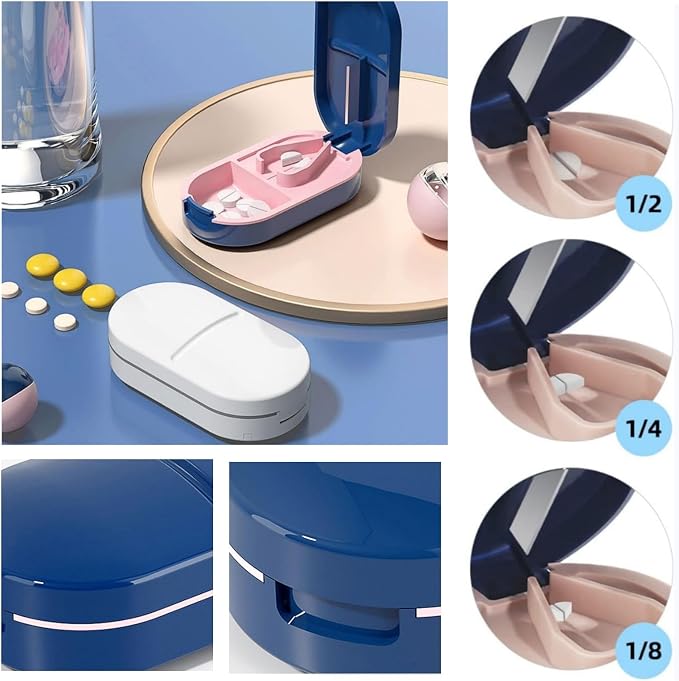 2 in 1 Pill Cutter and Splitter with Stainless Steel Blade for Cutting Small or Large Pills, Travel Mini Medicine Dispenser Box, Supplement Sorter, Fish Oil Planner, Perfect for Traveling