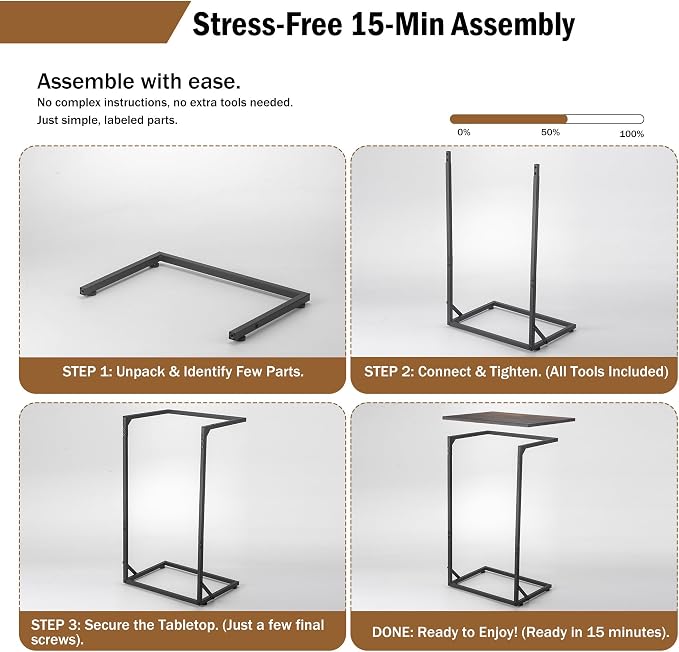 C Shaped End Table for Couch, Small Side Table for Living Room & Bedroom, Slide Under Sofa Table for Laptop, Coffee, Snacks, Easy Assembly, Modern Design