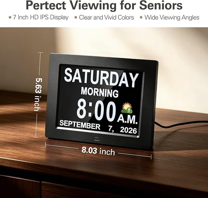 JALL 7" Large Digital Calendar Day Clock for Seniors 2026 - Easy to Read Alzheimer's Dementia Memory Loss Clock for Elderly with IPS Wide Angle，Day & Date, 12 Custom Alarms & Auto-Dimming, Black