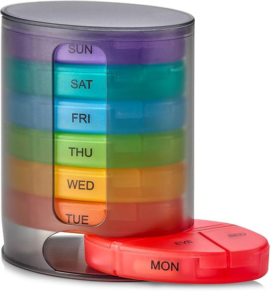 MEDca Weekly Pill Organizer, 1 Dispenser, 7 Stackable Multi-Color Compartments Four Times-a-Day - Morning, Noon, Evening, and Bedtime, Black