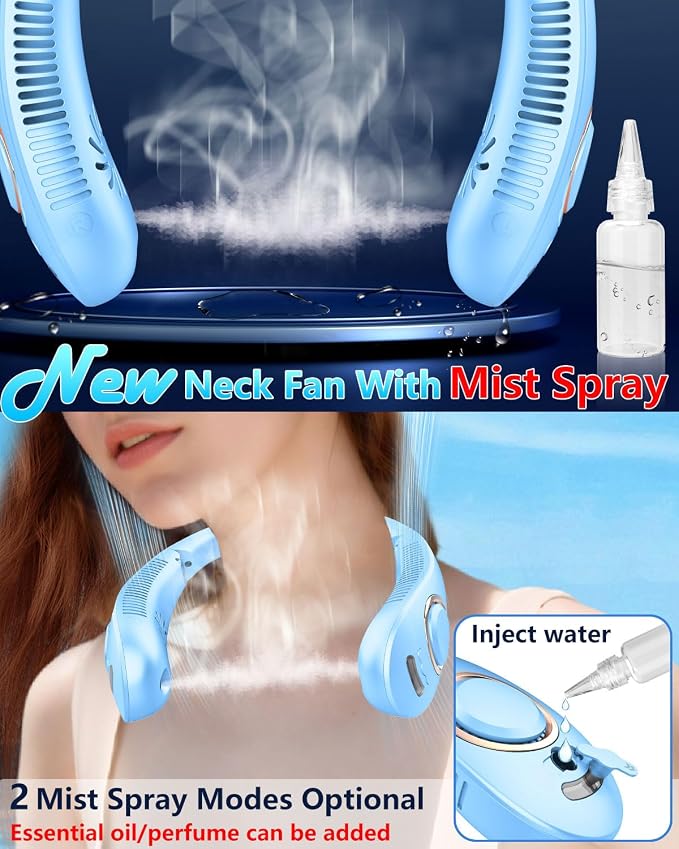 Personal Misting Neck Fan with Water Mist, Rechargeable 4000mAh Battery Powered, 5-Speed Neck Air with LED Display, Small Bladless Wireless Necklace Fans for Kids Adults Outside Work Sports, Purple