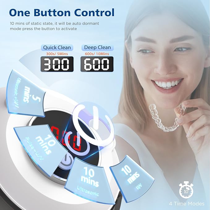 45kHz Retainer Cleaner Machine, 200ML Ultrasonic Dental Cleaning Pod with 4 Modes, Digital Timer, Mouth Guard Cleaner for Denture, Aligner, Braces, Toothbrush, Jewelry and More (White)