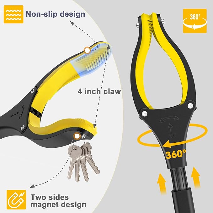 44 Inch Extra Long Grabber Reacher Tool，Foldable Trash Pick Up Stick for Seniors with Strong Grip Magnetic，360°Rotating Anti-Slip Jaw 4" Wide Claw Opening,Hand Grabber for Reaching