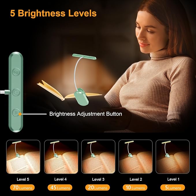 Gritin Rechargeable Book Light for Reading in Bed with 19 LED | Eye Caring 3 Color Temps, 5 Brightness Levels, Memory Function, 90 Hrs Runtime Flexible Goose Neck Clip on Light-Cyan