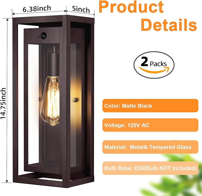 15" Motion Sensor Outdoor Wall Lights, Outdoor Sconces, 2 Pack | Dusk to Dawn, Large Size, Anti-Rust, Waterproof, Easy Installation, Bronze Modern Exterior Lighting Fixtures for House Porch