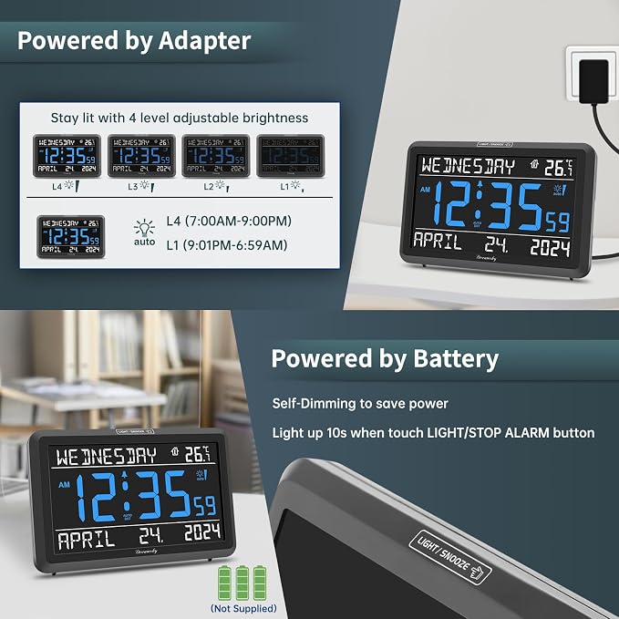 DreamSky Large Digital Clock with Date and Day of Week for Seniors | Electric Desk Clock for Elderly, Bedroom Alarm Clock with Battery Backup, Dimmer, USB, Auto DST, Temperature, Volume Control