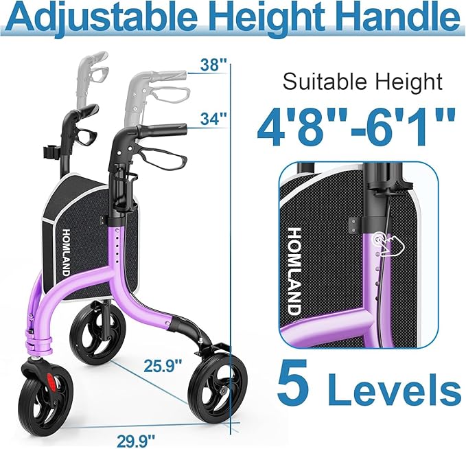 HOMLAND 3 Wheel Walkers for Seniors, FSA/HSA Eligible Foldable Wheeled Rollator with Cane Hold and Cup Hold, Lightweight Three Wheel Rolling Walker Height Adjustable for Seniors