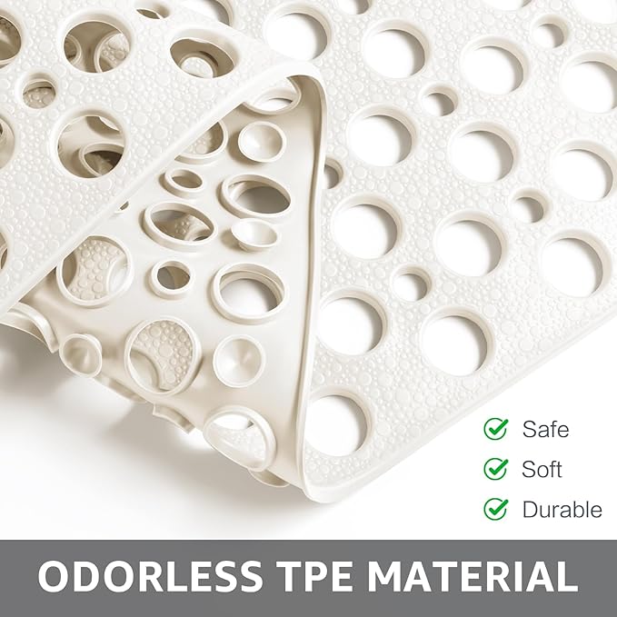 Yolife Extra Large Shower Mat 47x32 inch, Non Slip Shower Mat for Inside Shower with Drain Holes and Suction Cups for Bathroom, No Odor TPE Shower Floor Mat,White