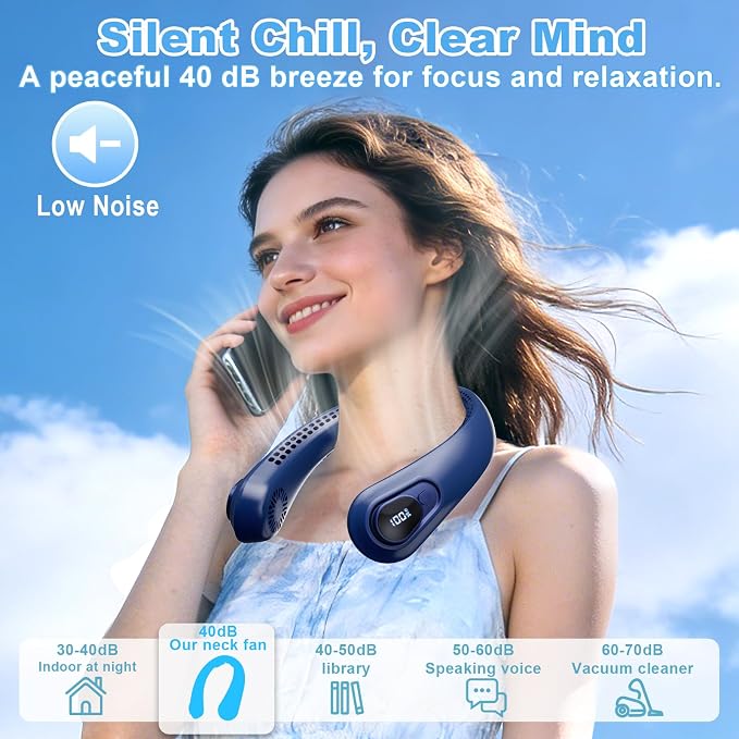 Portable Neck Fan Rechargeable - [with LED Display] 5 Speeds, 5000 mAh Battery Operated Wearable Personal Cooling Bladeless Fan for Outdoor Travel, Gifts for Men Women Kids,Dark Blue